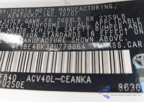 2008 Toyota Camry from USA, damaged, VIN 4T1BE46K38U779064